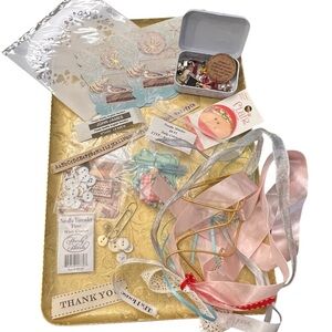Lot Of Craft Supplies‎ Stencil Ribbons John James Needle Taco Button Tin Minder